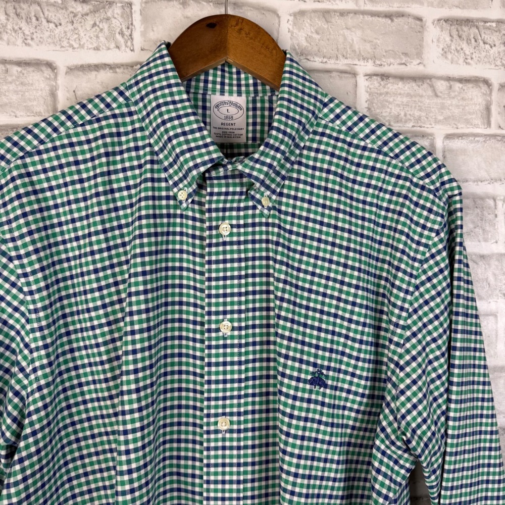 Brooks Brothers Regent Fit Non-Iron Supima Cotton Gingham Shirt Green Navy LARGE
